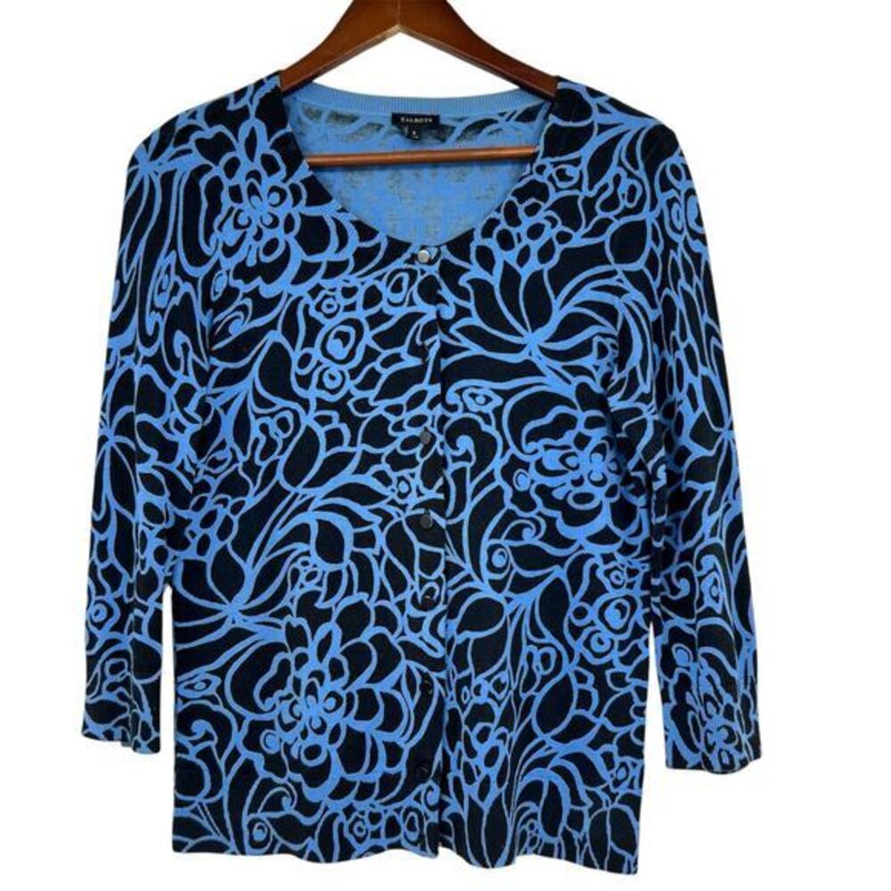 Talbots Blue black Floral geometric Print Cardigan button front 3/4 sleeve small
